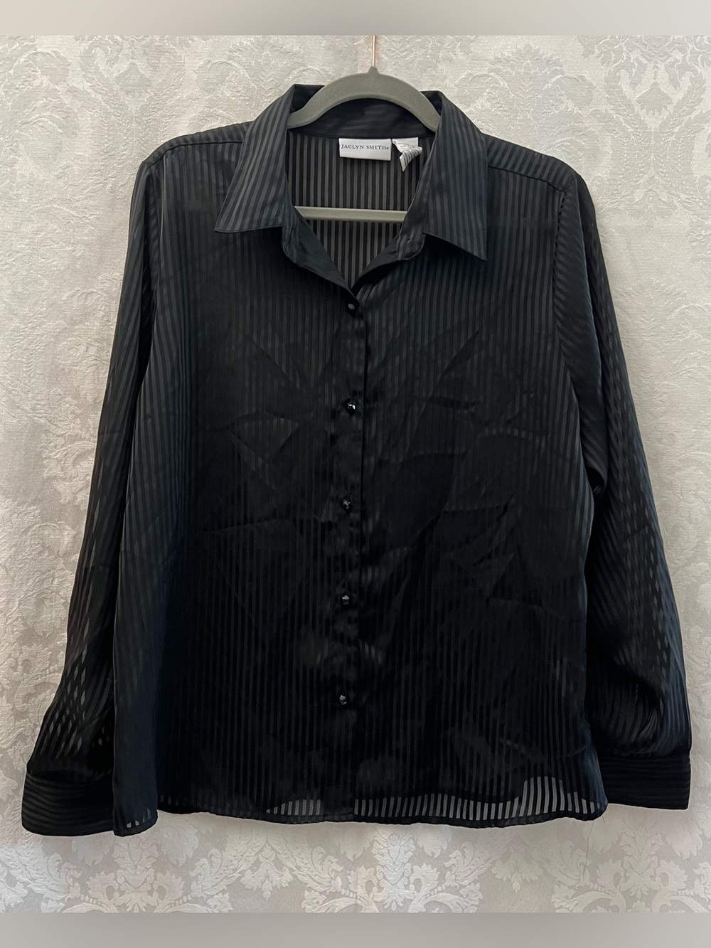 Jaclyn Smith Womens Black Sheer Striped Button Up Blouse Size 12 GUC Lightweight